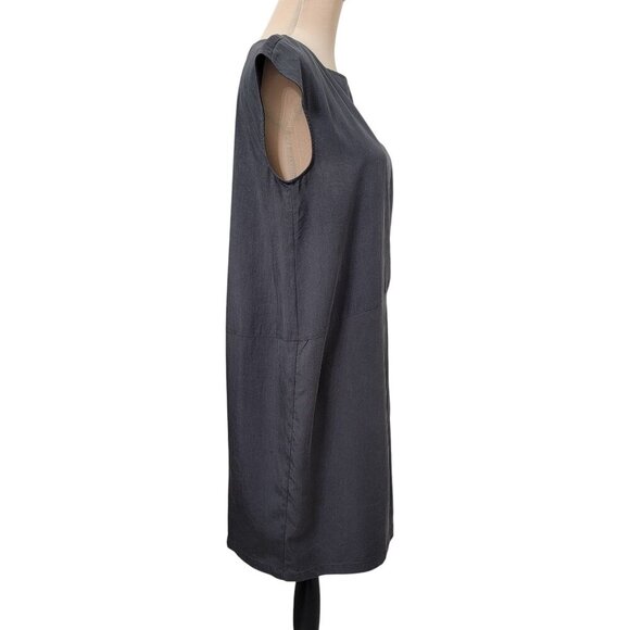Eileen Fisher Size PM Graphite Gray Front Side Pleat Sleeveless Shift Dress - Picture 5 of 11